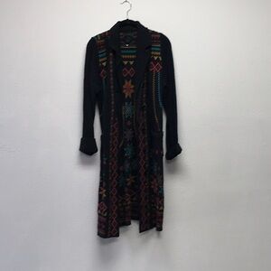Biya for Johnny Was Black with colorful Aztec Embroidered Long Cardigan